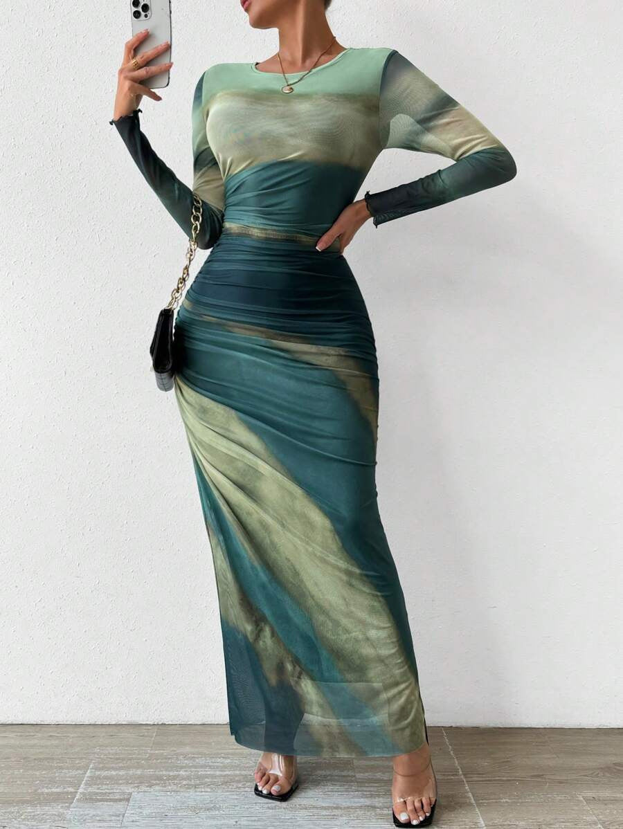 Fashion Mesh Printed Pleated Sexy Tight Round Dress