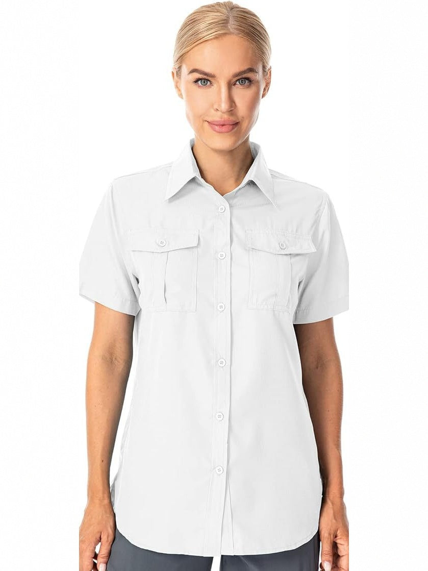 Women's Short-sleeved Shirt Solid Color Polo Collar Pocket Breathable Outdoor Leisure Blouse
