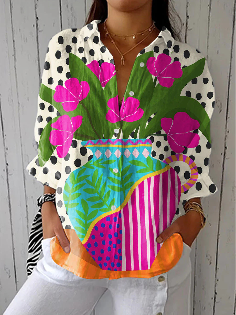 Women's Digital Printing Lapel Long Sleeve Linen Blouse