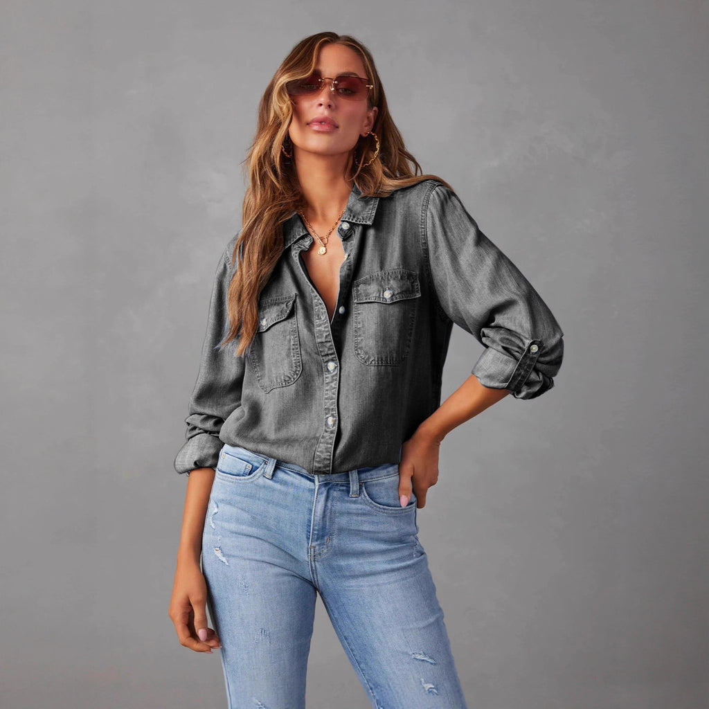 Women's Denim Shirt Autumn Fashion Casual Polo Collar Single-breasted Blouse