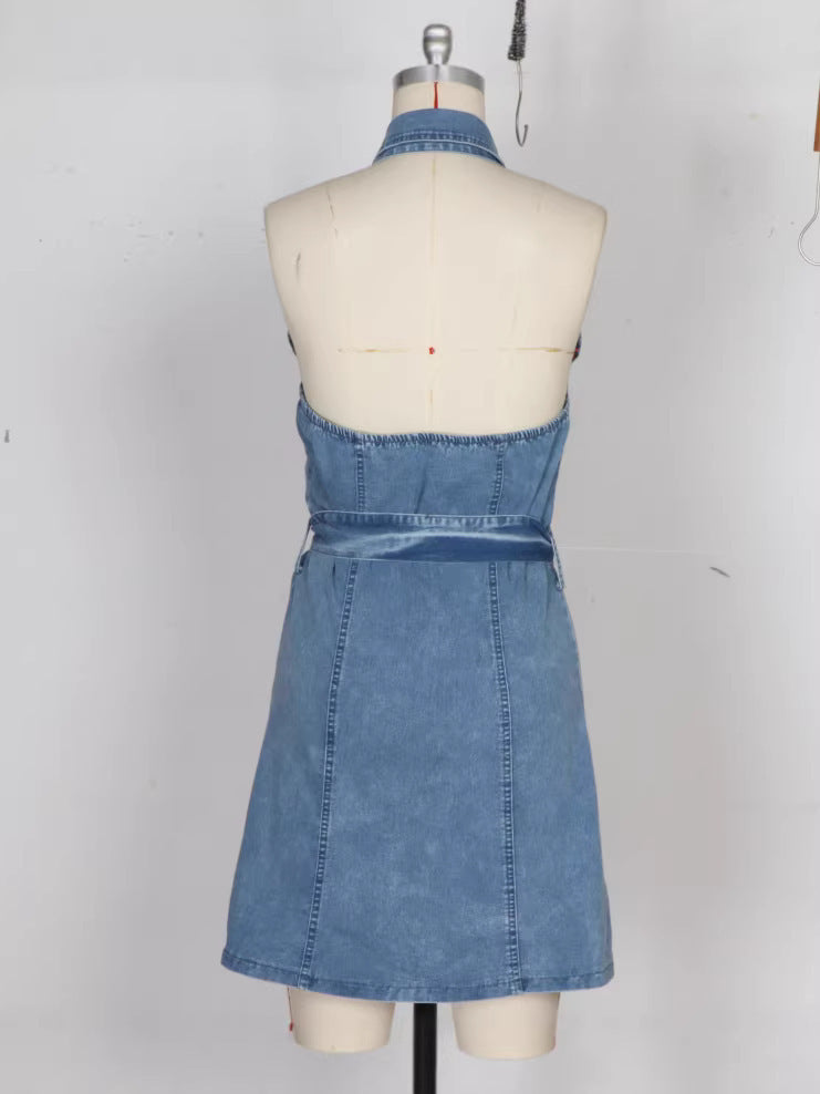 Women's Lapel Sleeveless Waist A- Line Fashion Dress