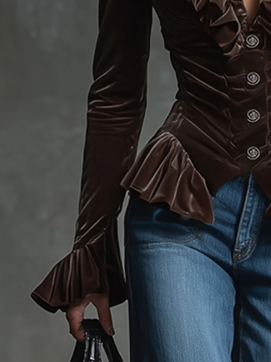 Women's Brown Veet Retro Fashion Wear Slim Tops