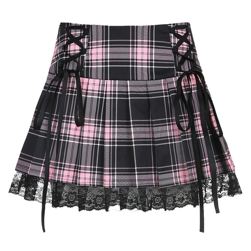 Winter Sexy Lace Plaid Pleated Sheath Skirts