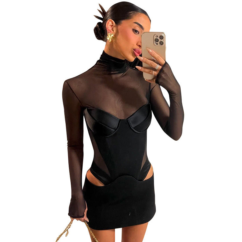 Mesh Patchwork Turtleneck Sexy Cut Hip Dress