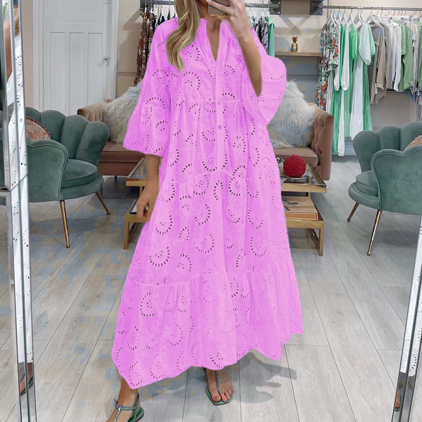 Women's French Style Bell Sleeve Lace Solid Color Sexy Long Dress