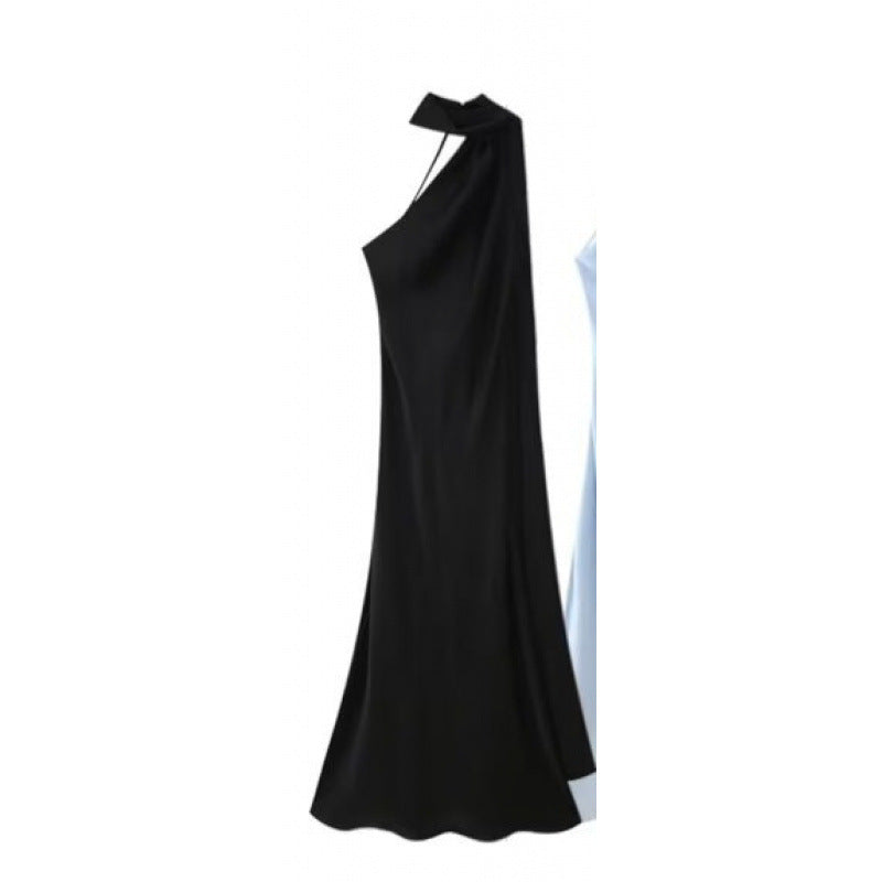 Women's Silk Satin Texture Ribbon Halter Dress