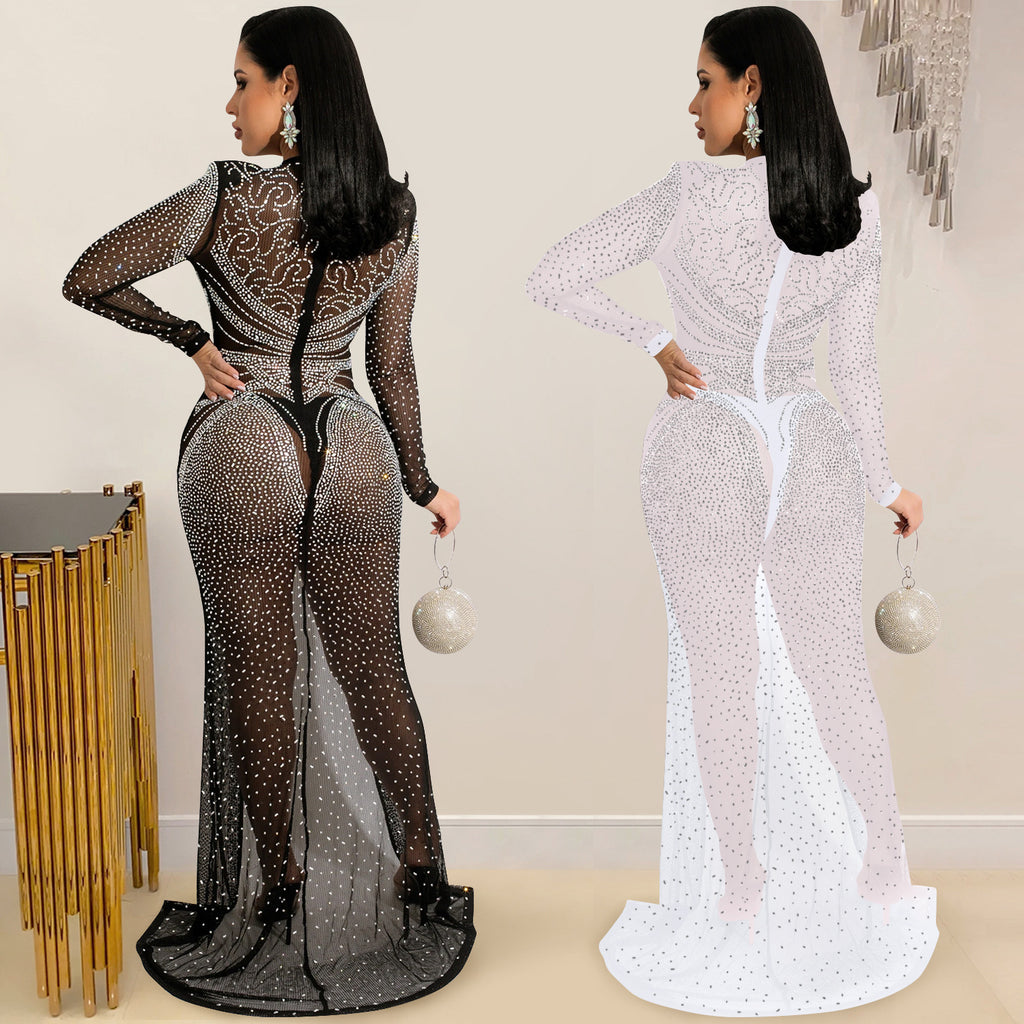 Women's Fashion Nightclub Hot Drilling Mesh Long Sleeve Split Dress