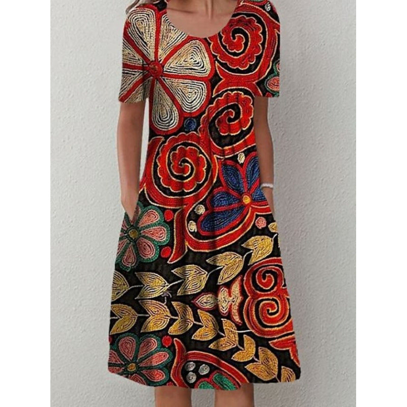 Women's Floral Print Round Neck Pocket Mid-length Clothing