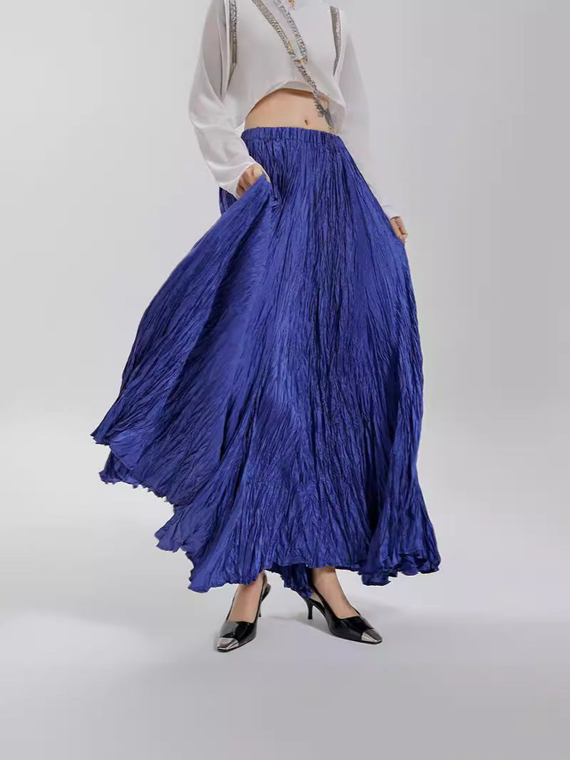 Women's Irregular Pleated A- Line Large Hem Umbrella Elastic High Waist Skirt