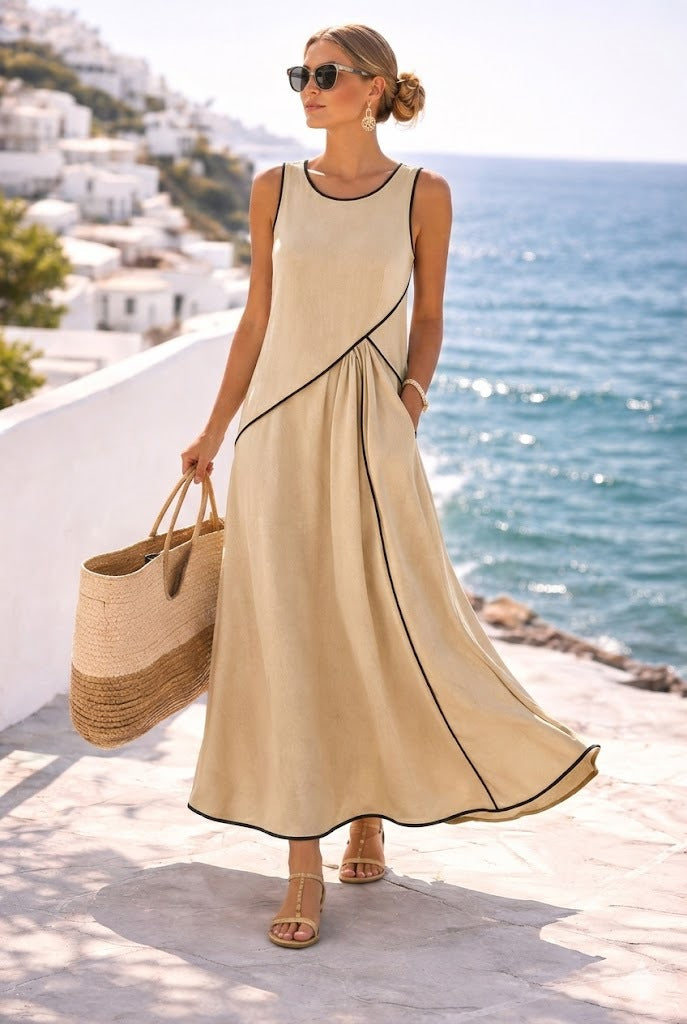 Women's Mediterranean Vacation Style Contrast Color Binding A- Dress