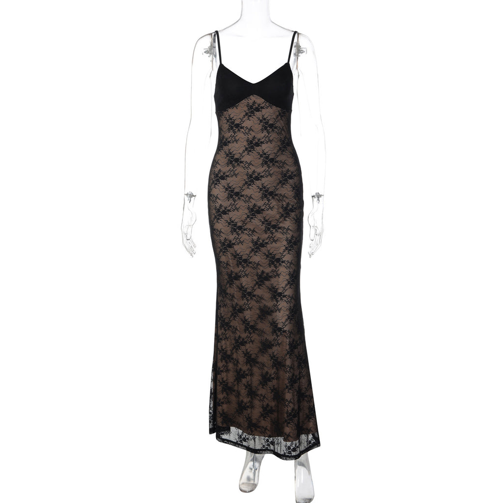Women's Fashion Backless Lace Stitching Sexy Solid Dress