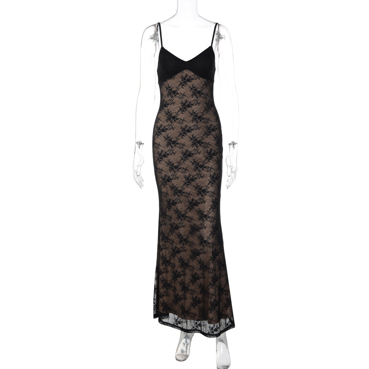 Women's Fashion Backless Lace Stitching Sexy Solid Dress