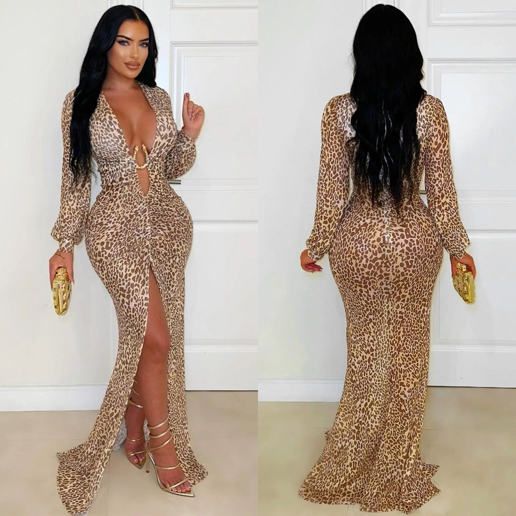 Women's Fashion Wear Sexy Deep V Leopard Print Split Dress