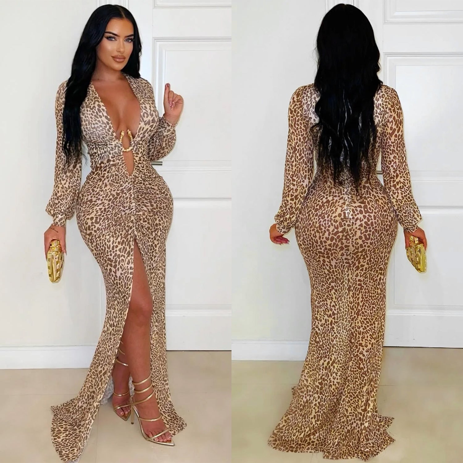 Women's Fashion Wear Sexy Deep V Leopard Print Split Dress