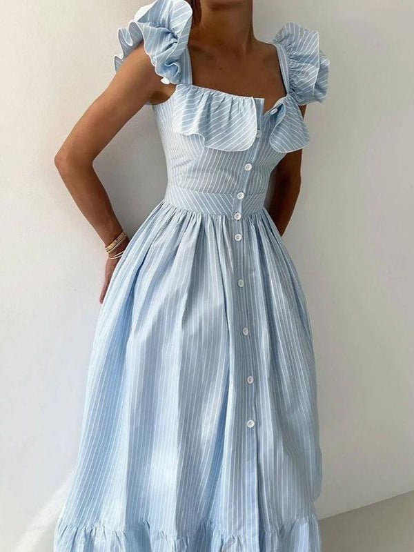 Flying Sleeves Striped Ruffled Long Summer Casual Style Dress