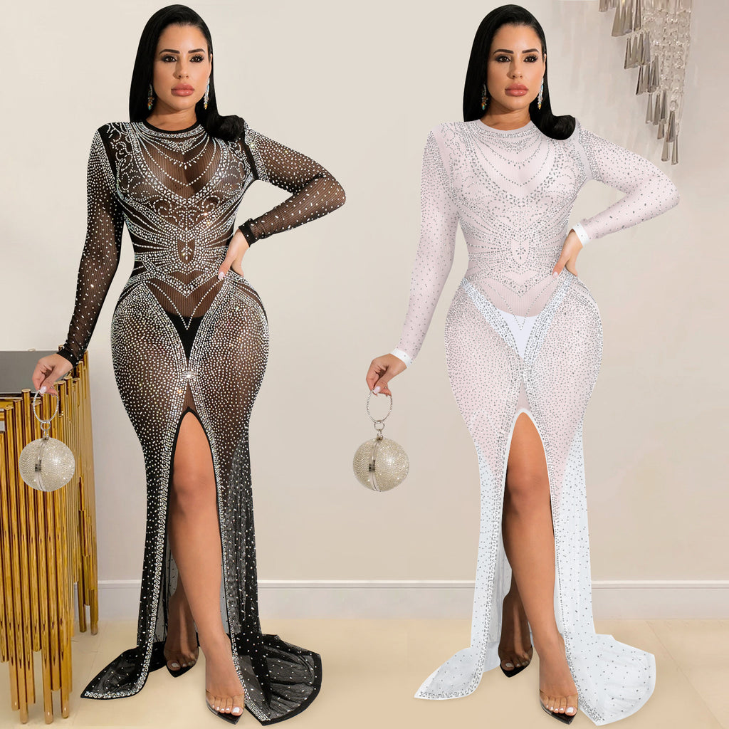 Women's Fashion Nightclub Hot Drilling Mesh Long Sleeve Split Dress