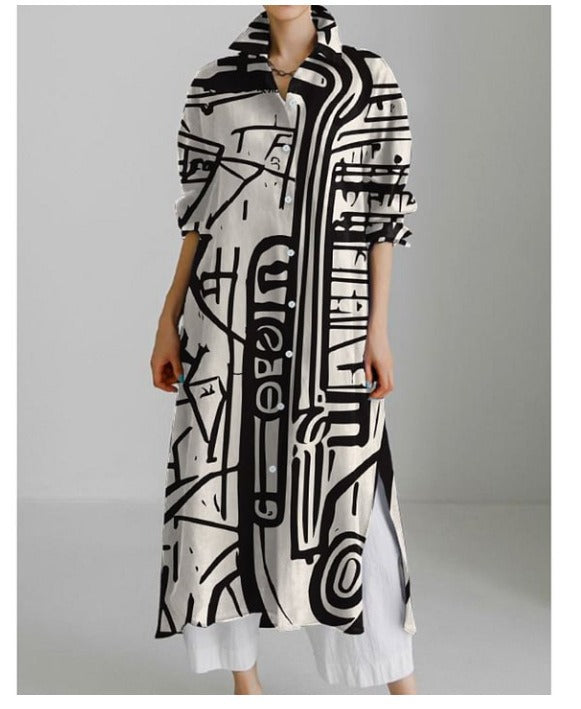 Women's Casual Abstract Printing Long Sleeve Slit Shirt Blouse