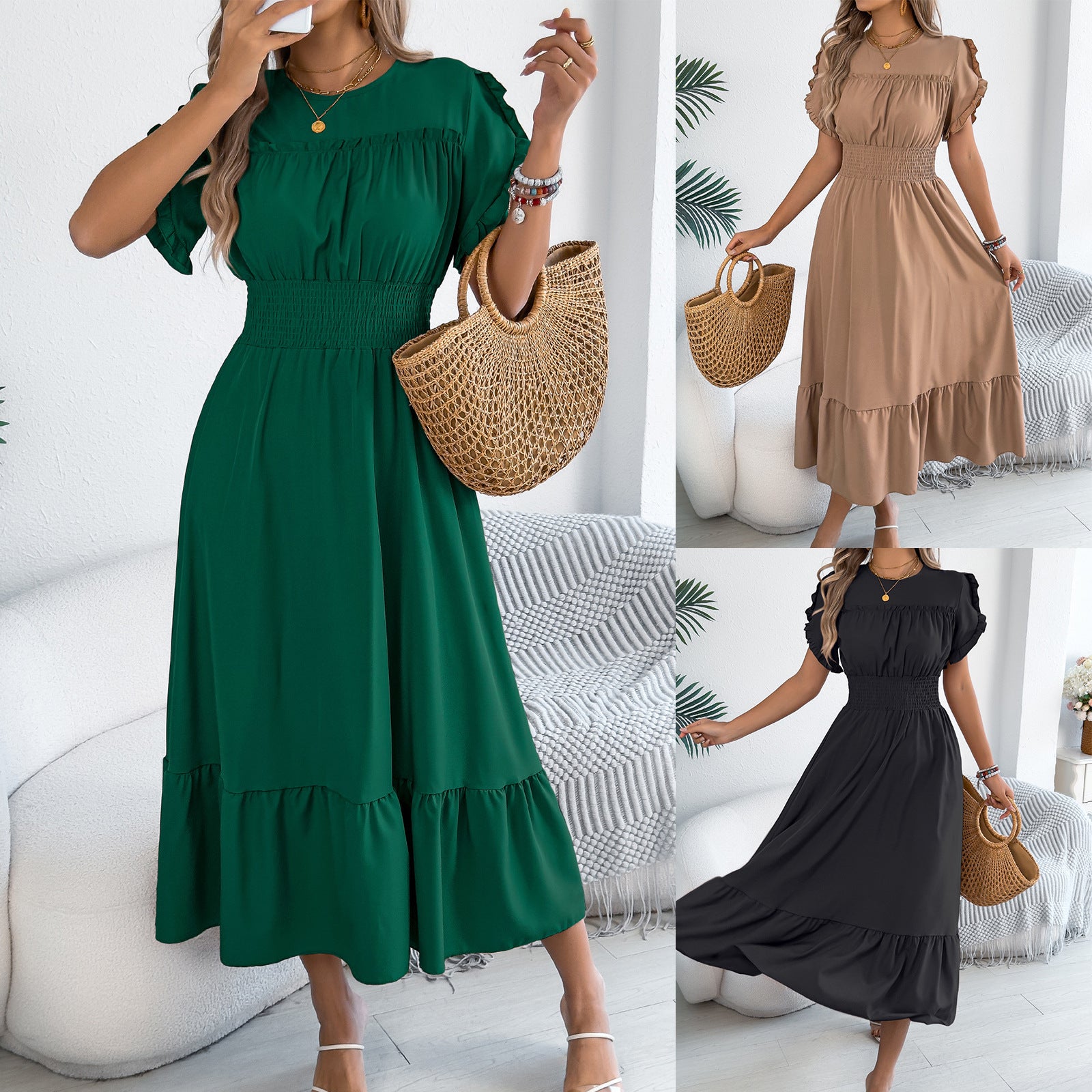 Women's Casual Stringy Seedge Sleeve Smocking Large Hem Shorts