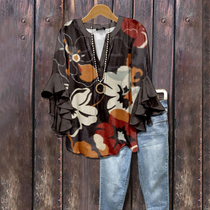 Women's Bubble Wrinkle Floral Element Digital Printing Casual Trend Women's T-shirt