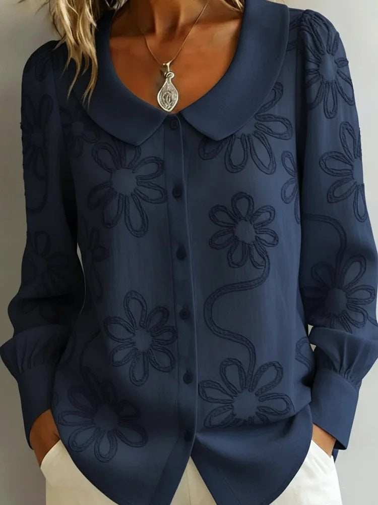 Embroidered Jacquard Doll Collar Long Sleeve Blouse