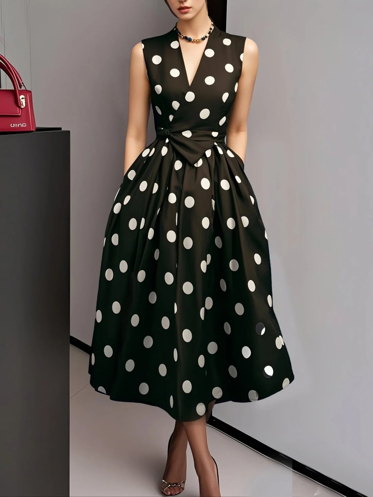 Women's Spring French Sleeveless Black White Polka Dress
