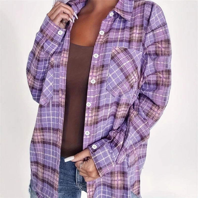 Women's Spring Plaid Printed Long Sleeve Lapel Cardigans