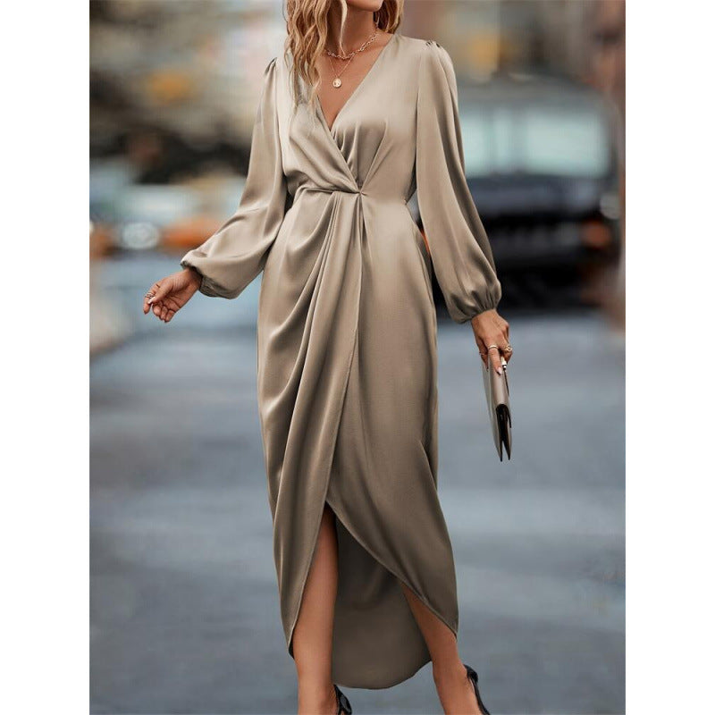 Women's Cross Collar Pleated Split Puff Sleeve Irregular Dress
