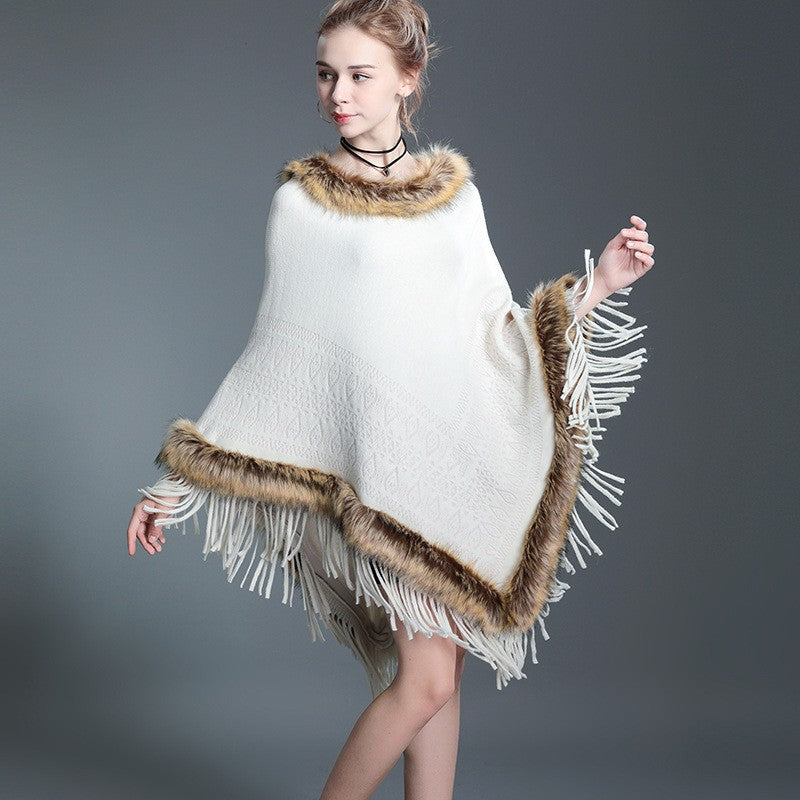 Women's Raccoon Fur Collar Shawl Cape Tassel Women's Sweater