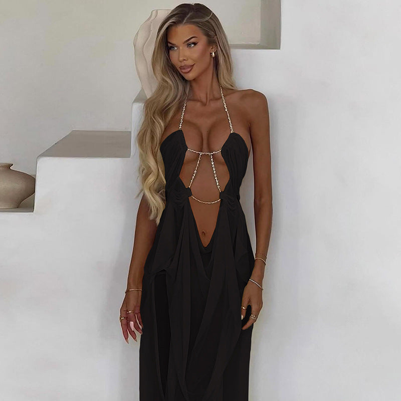Women's Summer Vacation Style Sexy Hot Mesh Low-cut Halter Dress