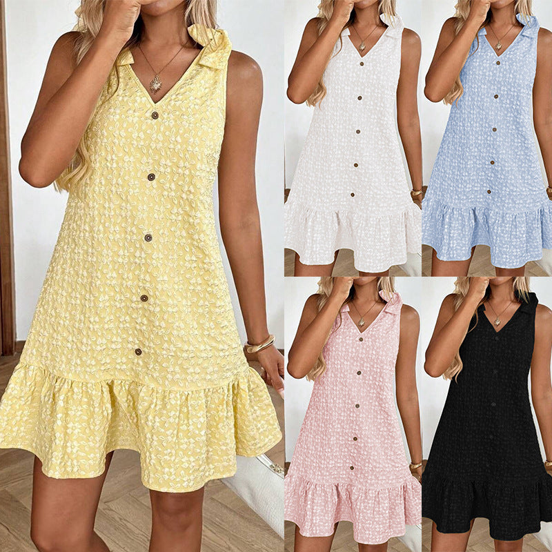 Summer Bow Shoulder Strap Button Jacquard Dress