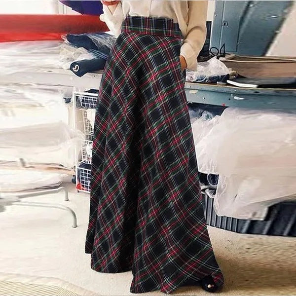 Women's Loose Slimming Plaid Long Fashionable A- Line Skirt