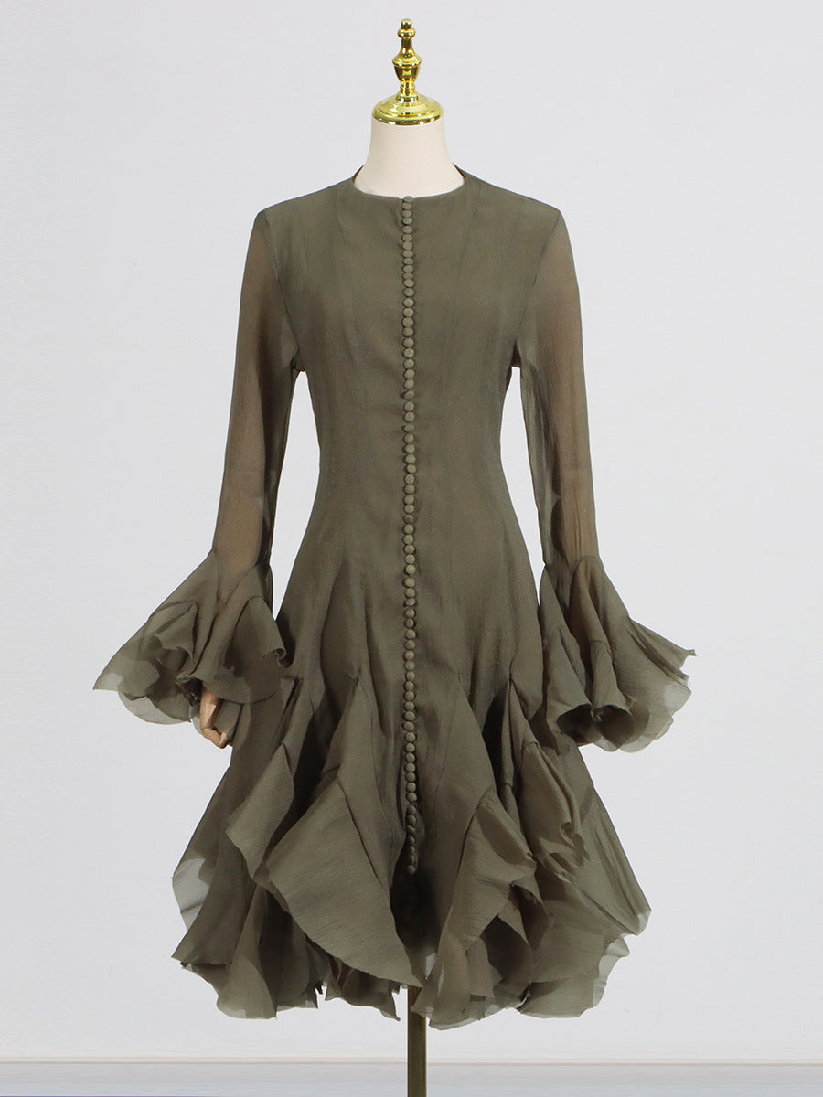 Women's Ruffled For Summer Fashion High Collar Long Sleeve Dress