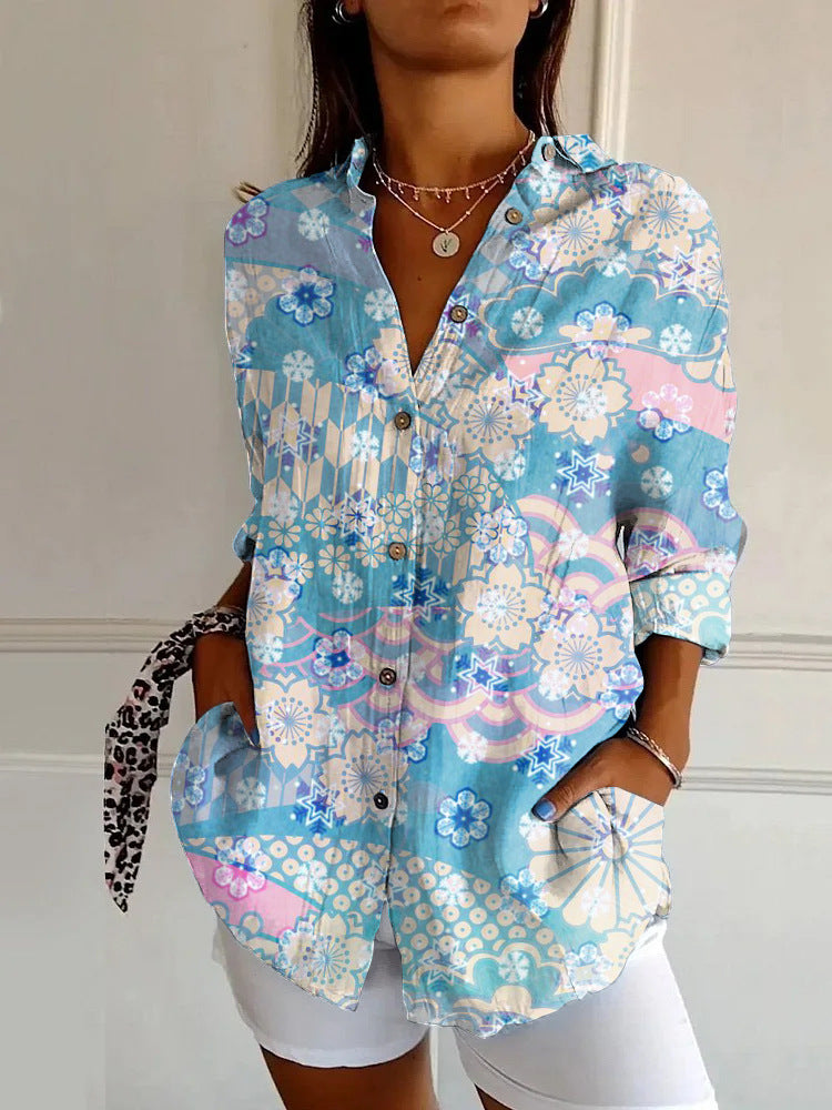 Women's Shirt Summer Trendy Printed Floral Sleeve Pattern Blouse