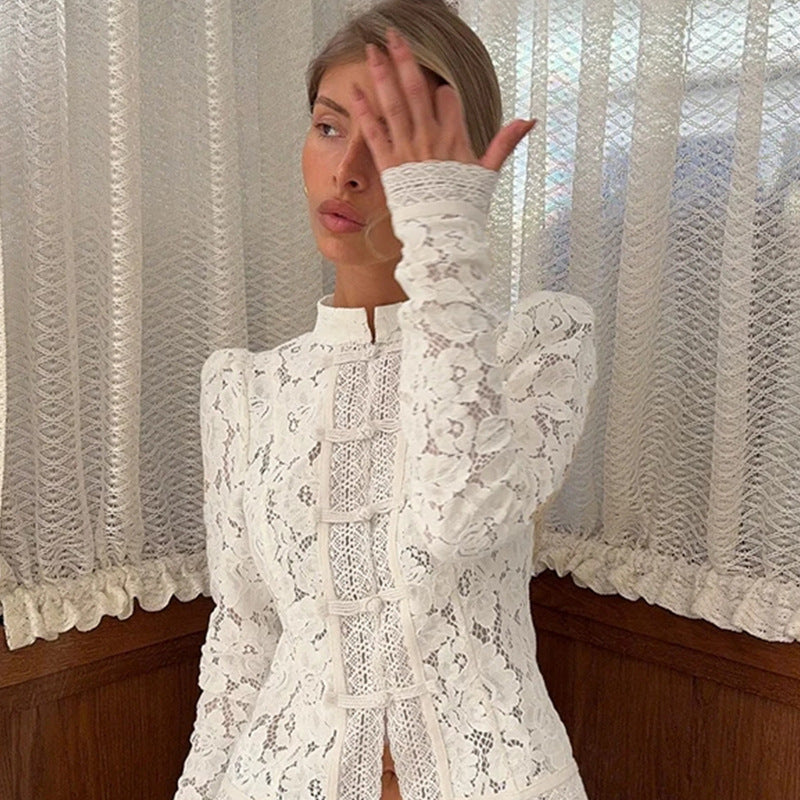 Stand Collar Buckle Waist Lace Shirt Versatile Tops