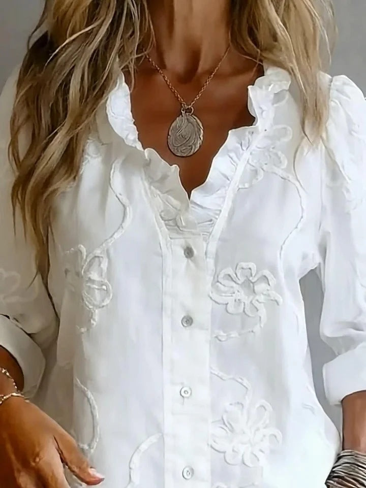 Elegant Lace Embroidery Cotton Linen Sweet Blouse