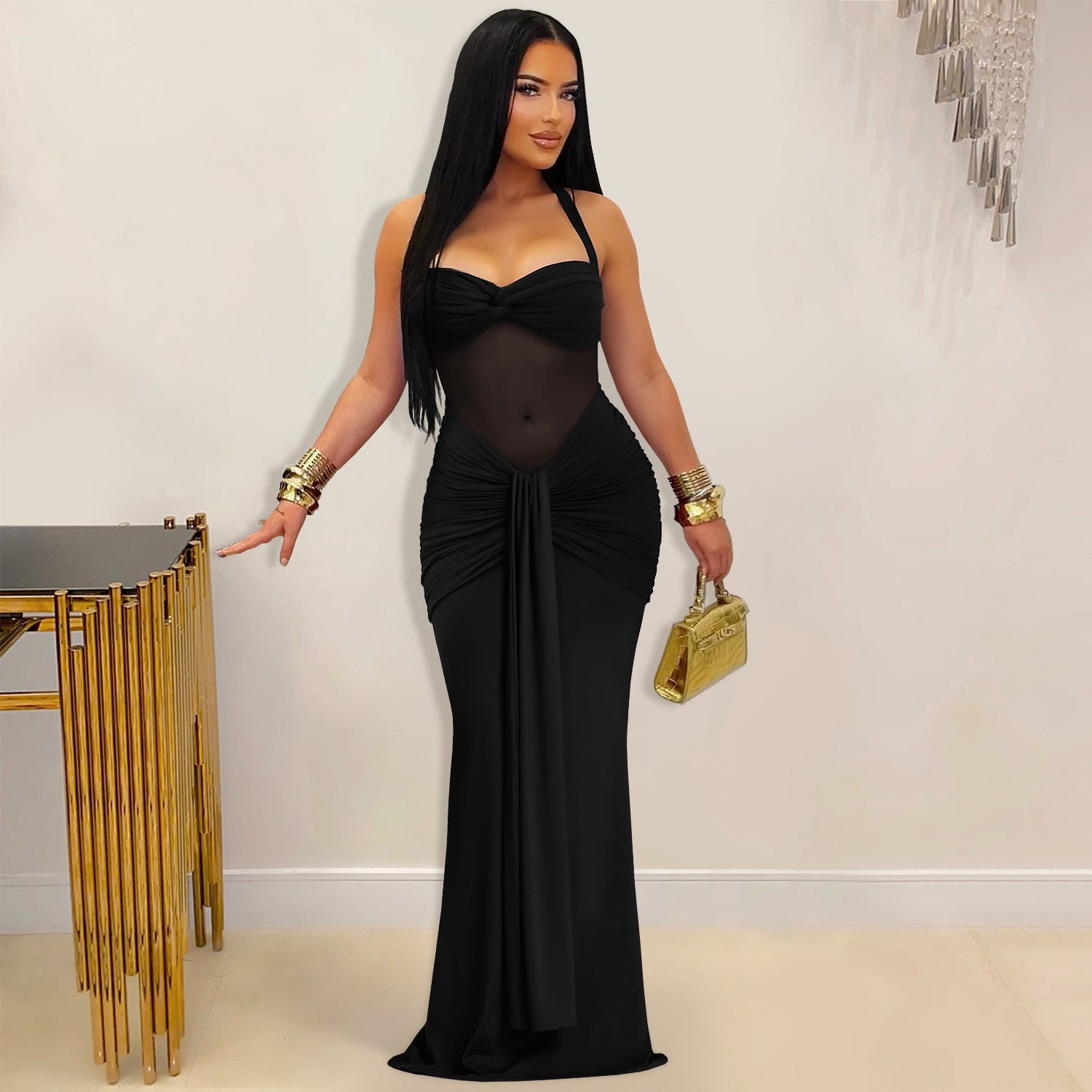 Women's Fashion Wear Sexy Mesh Halter Tied Dress