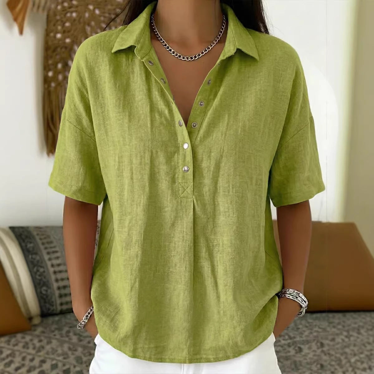 Women's Summer Loose Comfortable Lapel Sleeve Solid Color Blouse