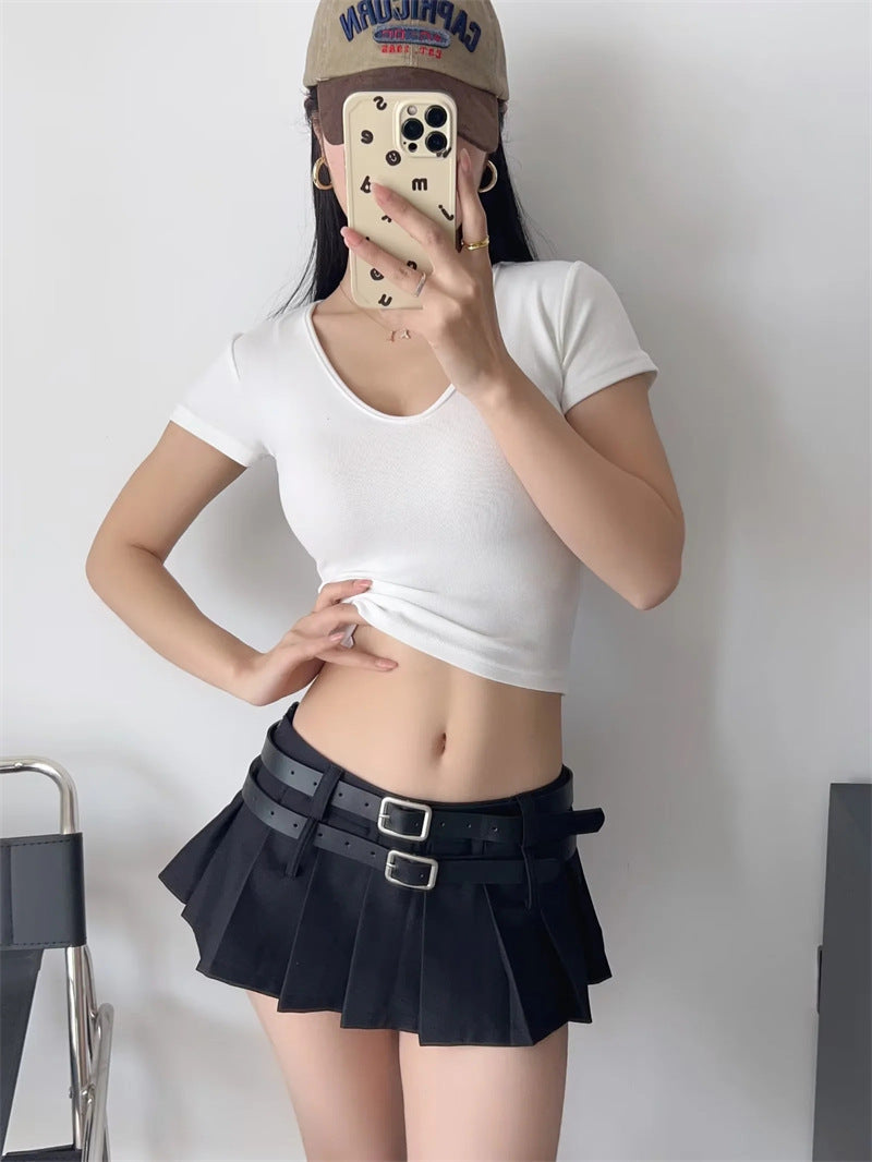 Women's American Niche Double Belt Design Hot Pleated A- Line Skirt