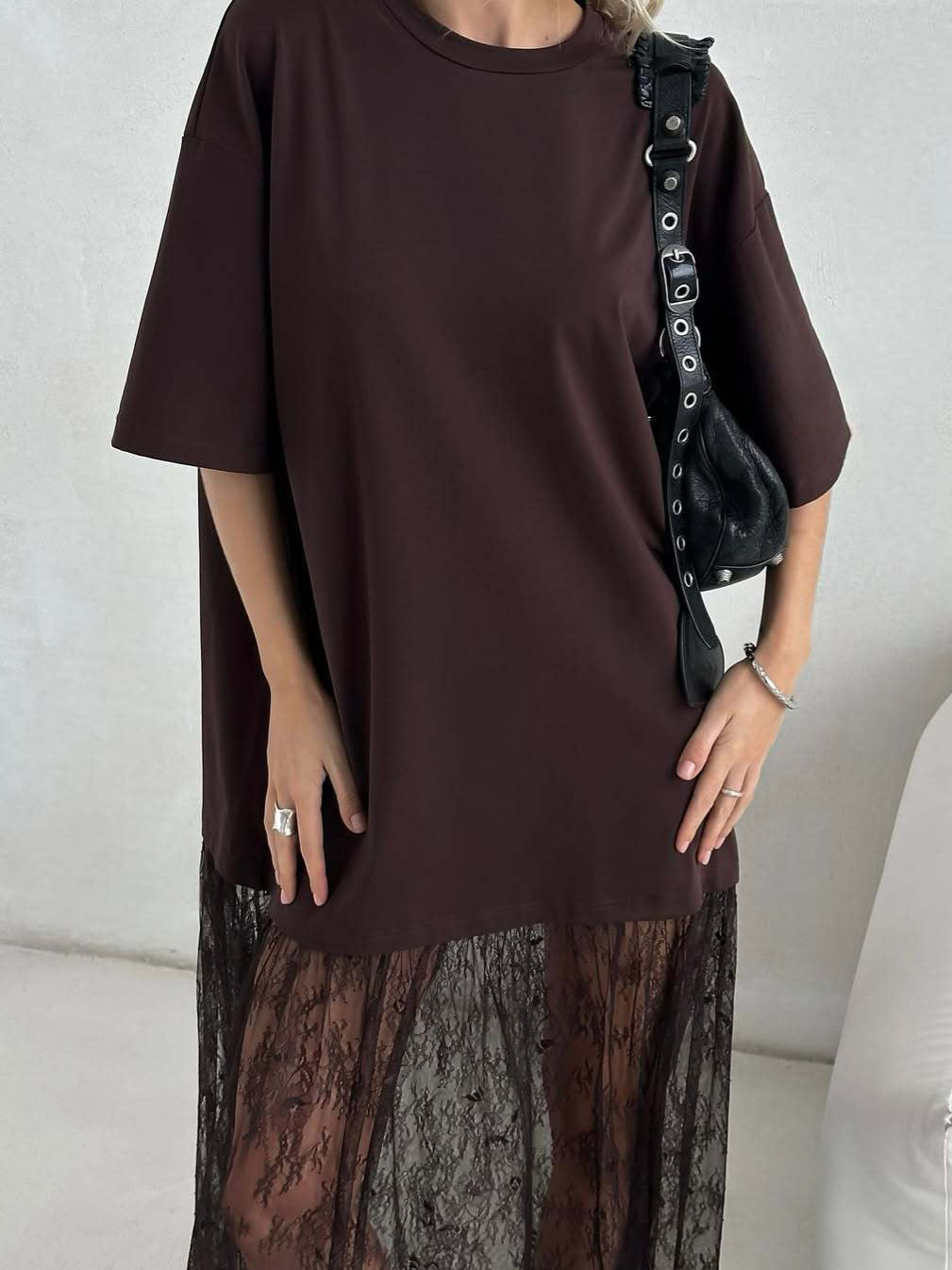 Women's Mesh Stitching Short-sleeved Dress For Summer Elegant Slimming Coffee Color Women's T-shirt