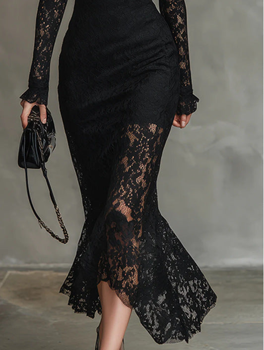 Elegant Party Black Stretch Lace Fishtail Dress