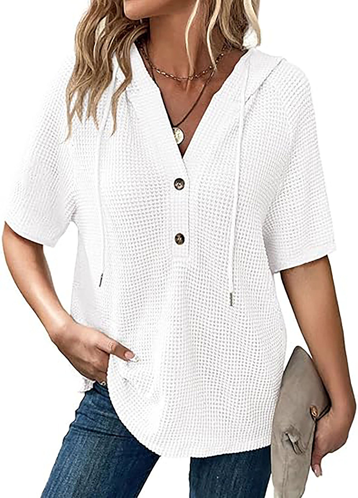 Women's Summer Waffle Knitted Short-sleeved Shirt Lightweight Drawstring Hoodie Blouse