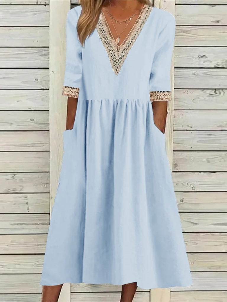 Women's Loose Cotton Linen Lace Collar Half Dress