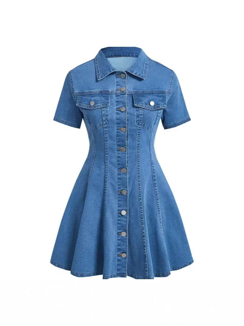 Glamorous Graceful Women's Denim Short-sleeved Waist Dress
