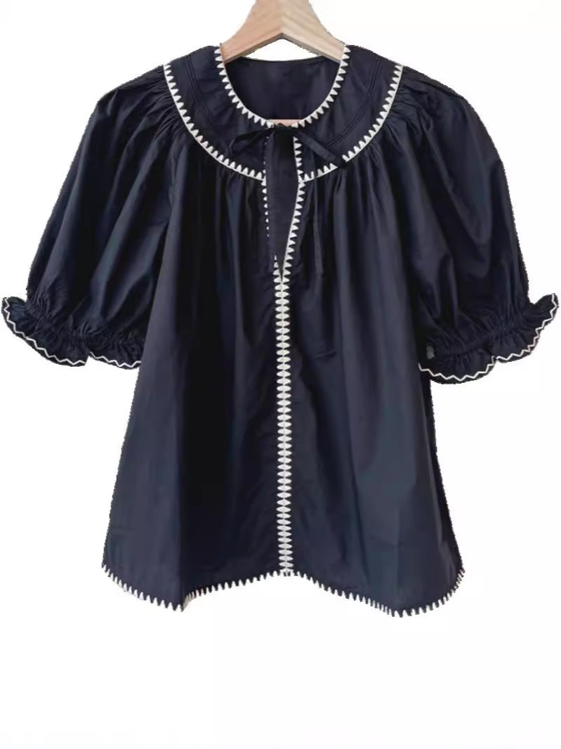 Water Soluble Shell Contrast Color Embroidered Shirt Puff Sleeve Tops
