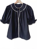 Water Soluble Shell Contrast Color Embroidered Shirt Puff Sleeve Tops