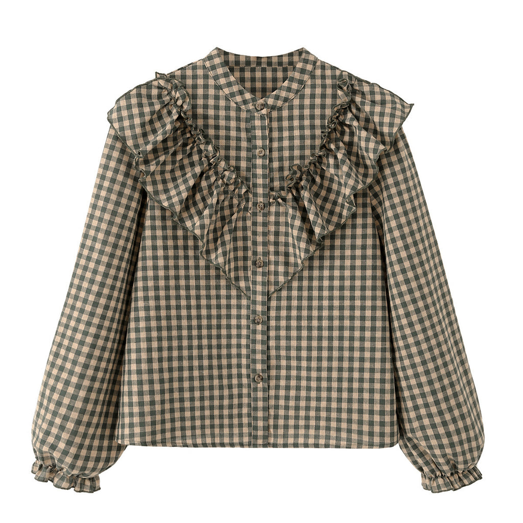Spring Cotton Long-sleeved Plaid Laminated Decoration Blouse