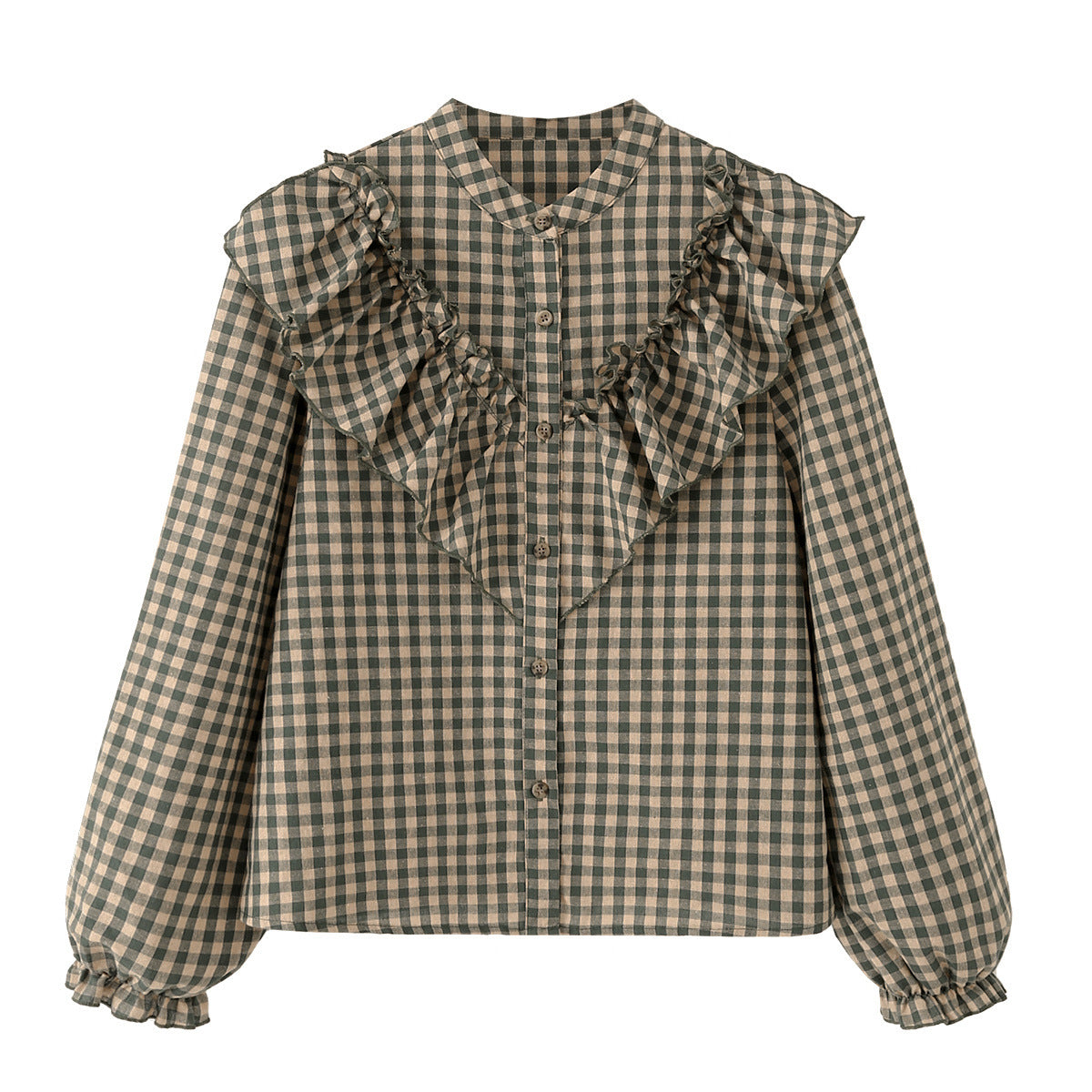 Spring Cotton Long-sleeved Plaid Laminated Decoration Blouse