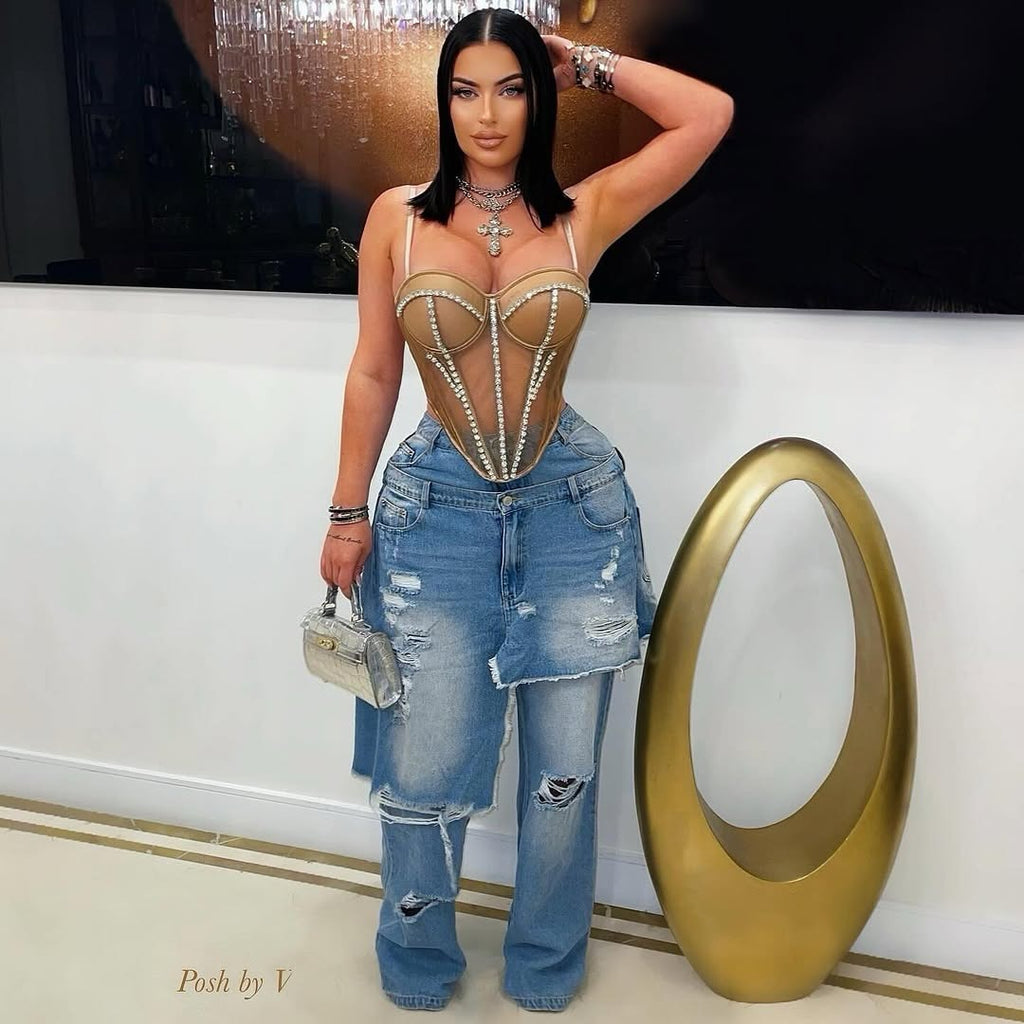 Women's Fashion Denim Distressed Stitching Horse Riding Cut Decoration Women's Jeans