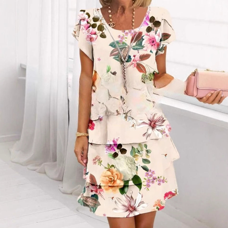 Sleeve Round Neck Printed Series Spring Dress