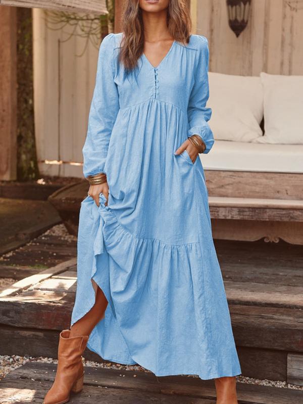 Women's Button Cotton Linen Retro Casual Long-sleeved Large Dress